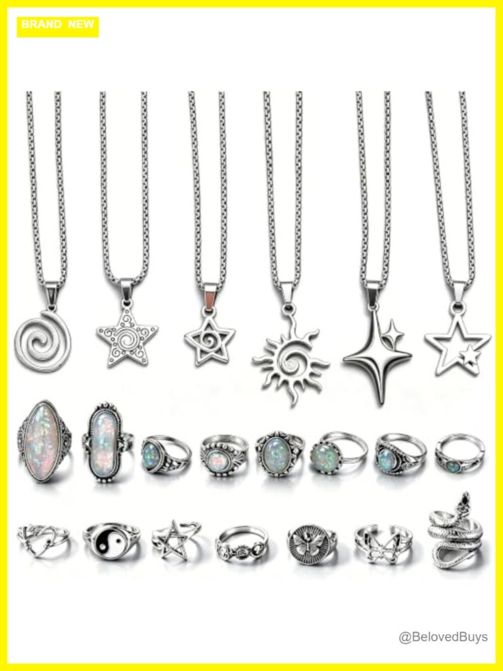 21PC Y2K Star Sun Spiral Pentagram Necklace Knuckle Rings Set